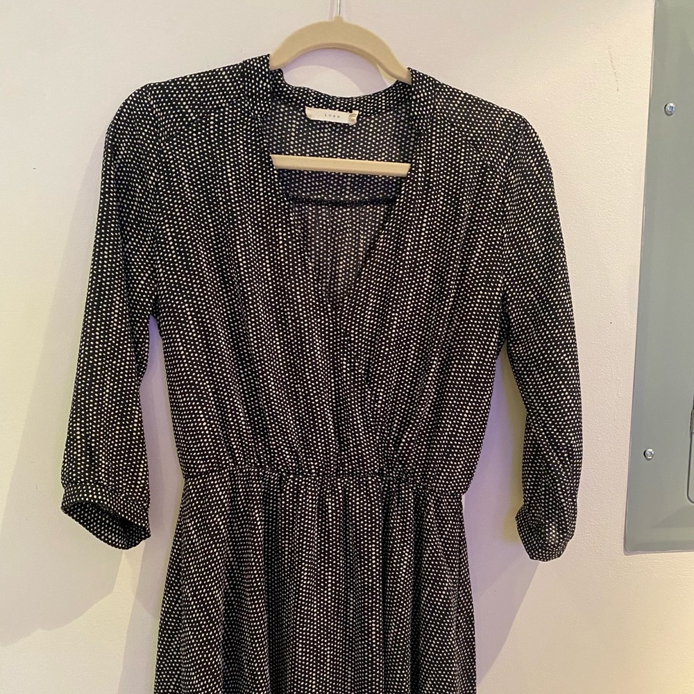 Black polka-dot quarter-sleeve faux-wrap dress